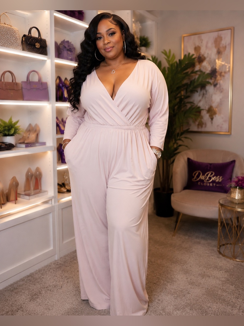 Plus Size Beige Wide Leg Long Sleeve Stretch Jumpsuit 3X - Picture 1 of 7